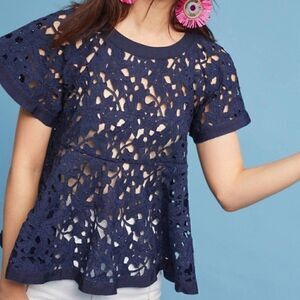 Antropologie Eri-Ali Navy Blue Lace Perlum Top Size S/P